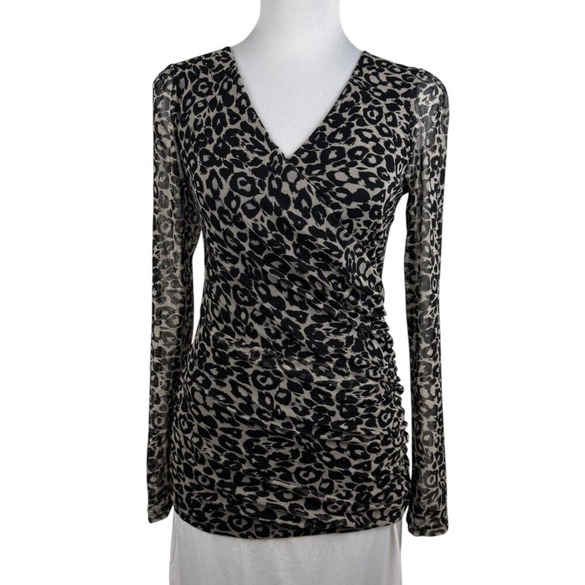 INC International Concepts Women M Top Ruched Mesh Animal Print Faux Wrap Neck