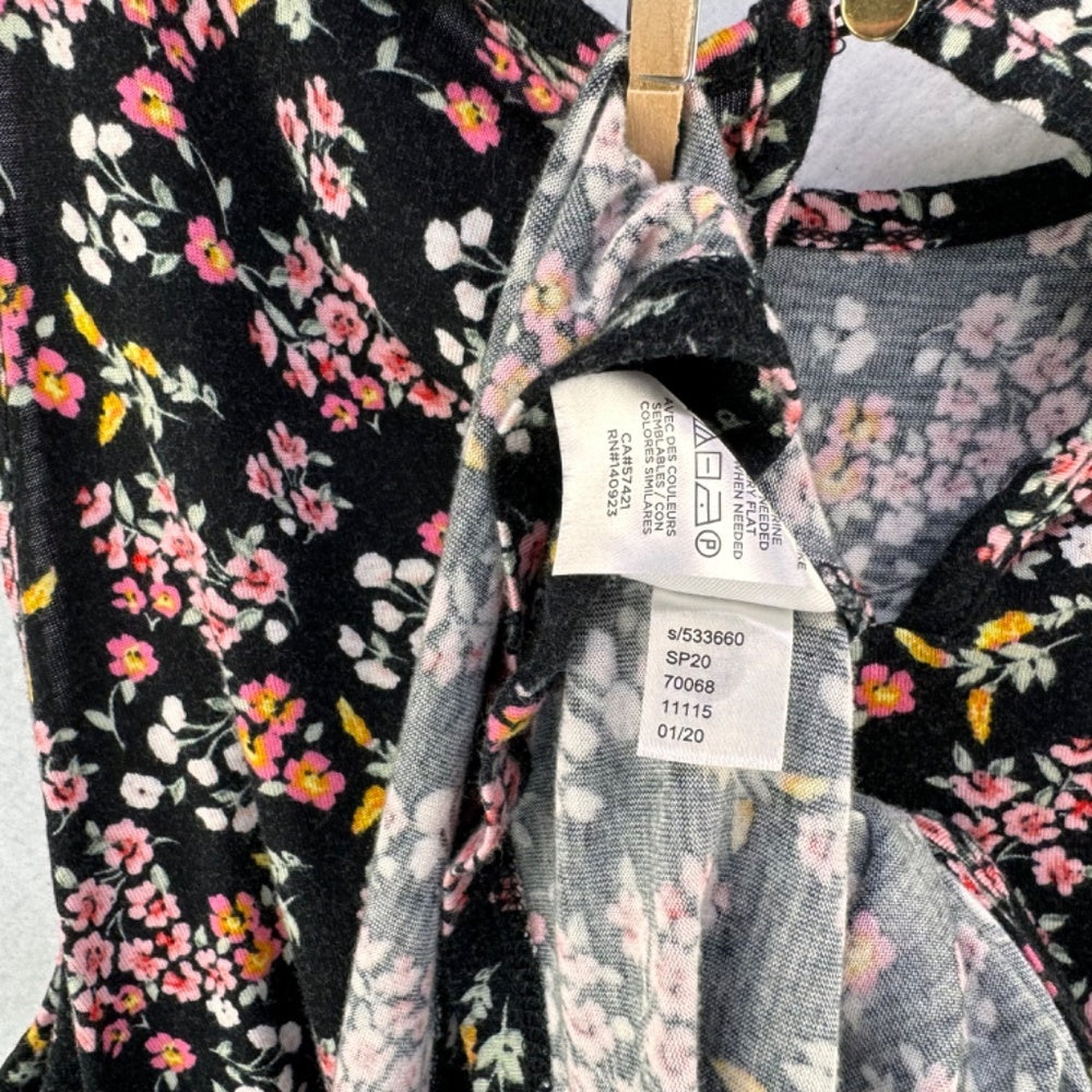 Loft Tank Top Sz M Black multicolor flowers back keyhole gold button
