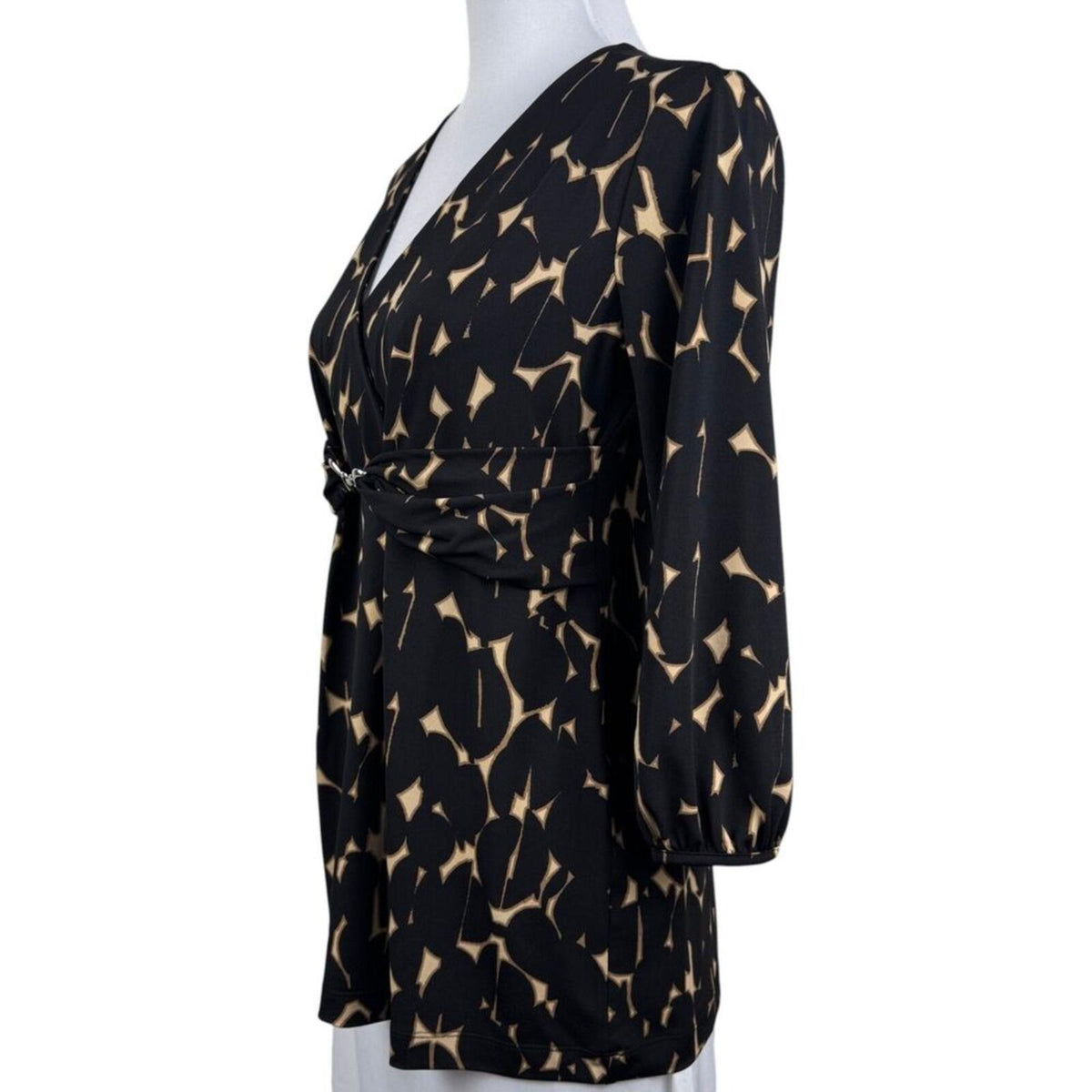 Alfani Faux Wrap Stretch Top S Black Tan Abstract Print Metal Link Ruched back