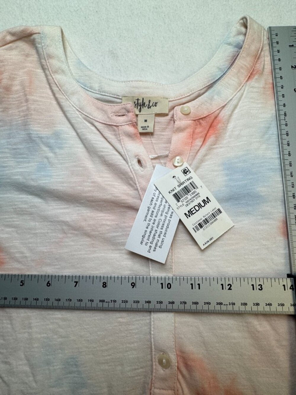 Style & Co Top Women Sz M Peach Blue Dye Knit Shirting Long Sleeve Henley NWT