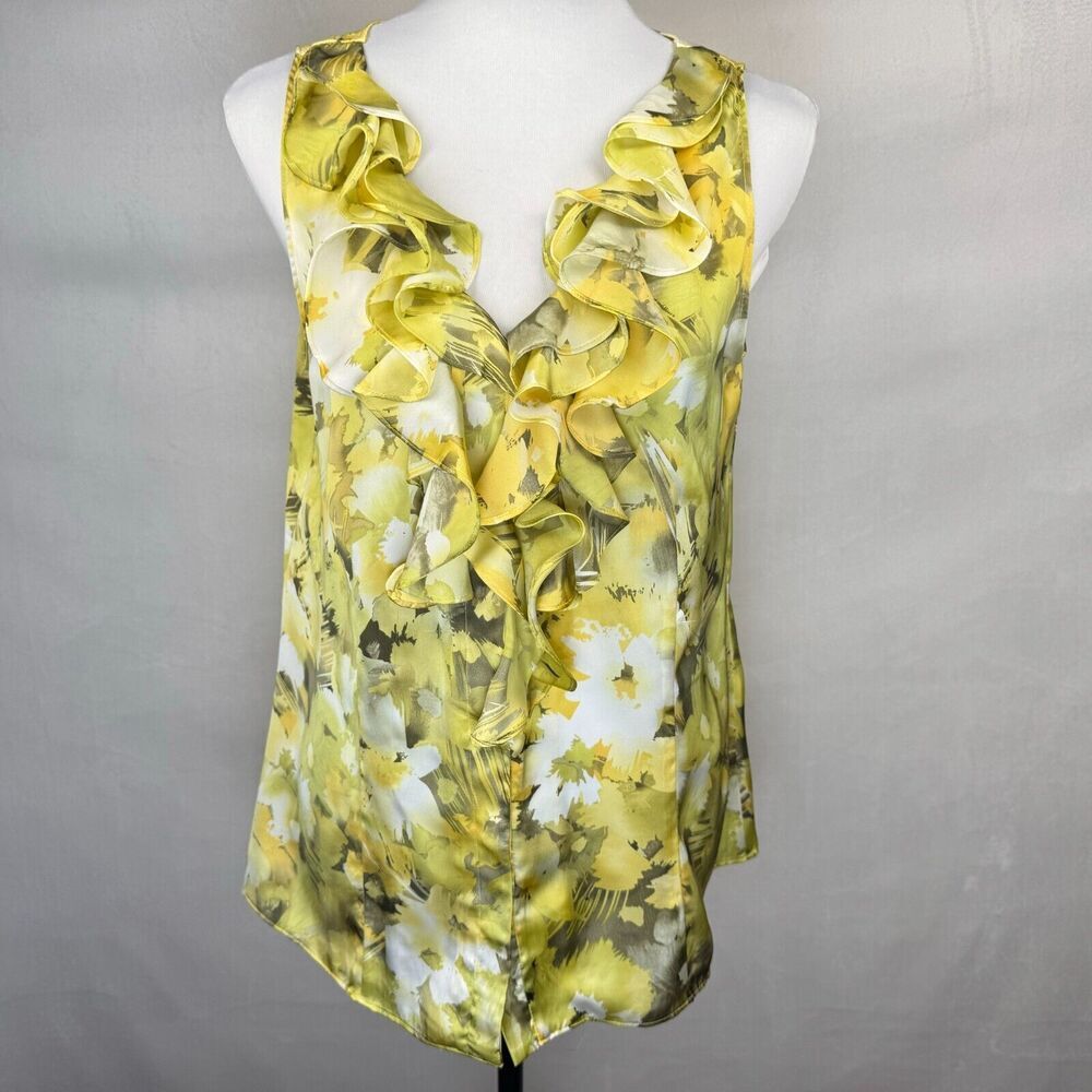 Anne Klein Blouse Sz M Yellow Ruffle VNeck Collar Sleeveless Button Up Colorful