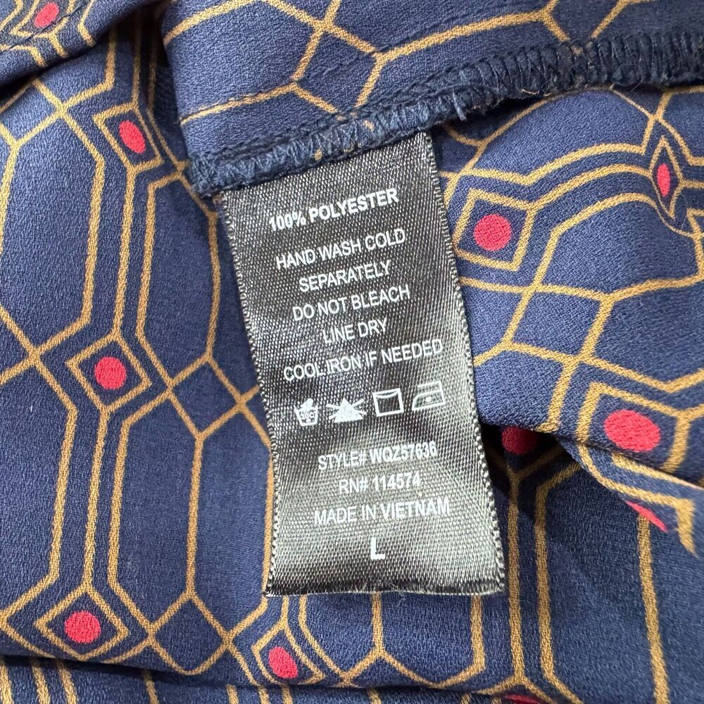 Pleione Women Blouse Sz L Blue Red Split Neckline Button Front Long Sleeves