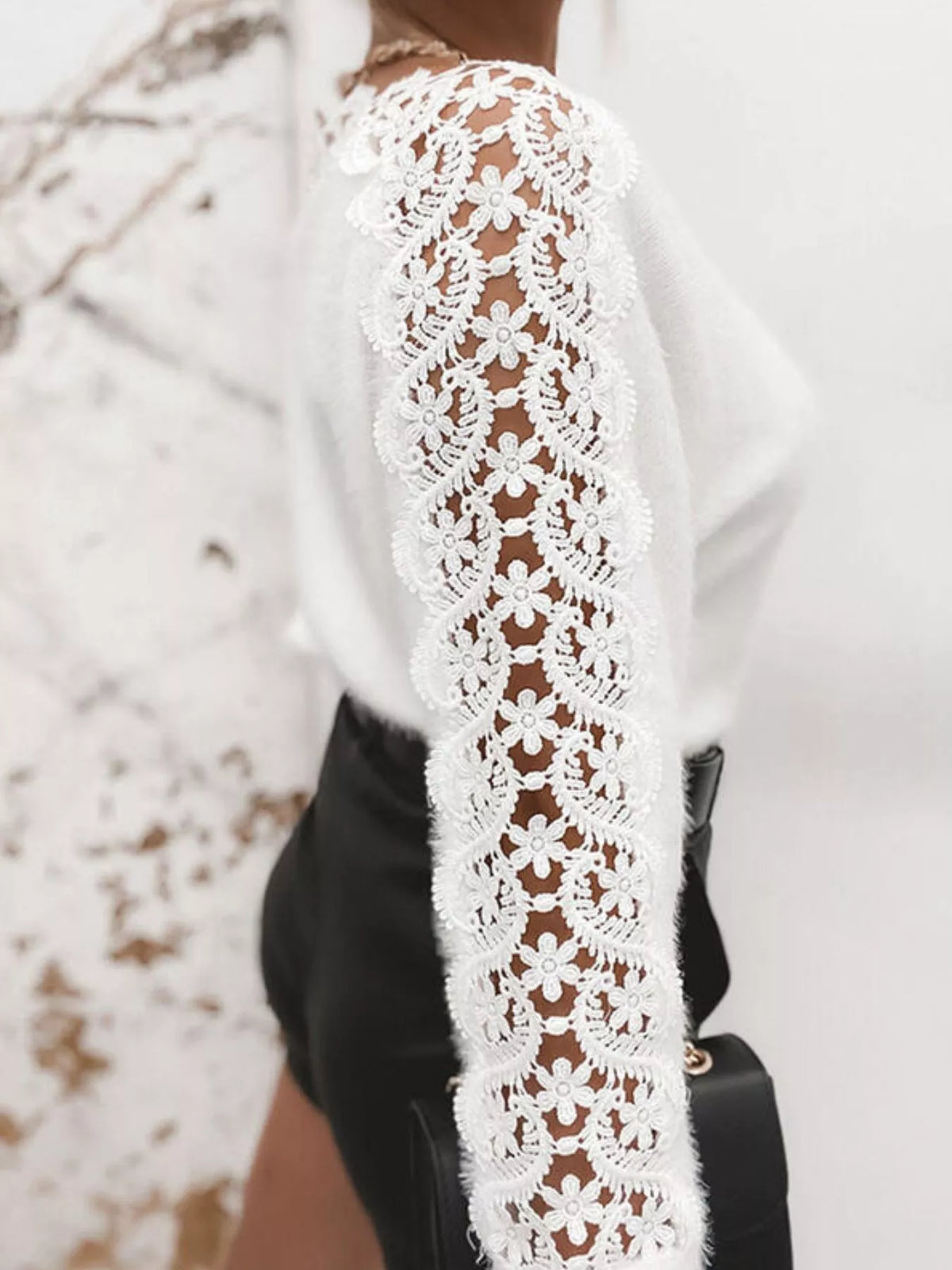 Women's White Lace Trim Long Sleeve Sweater