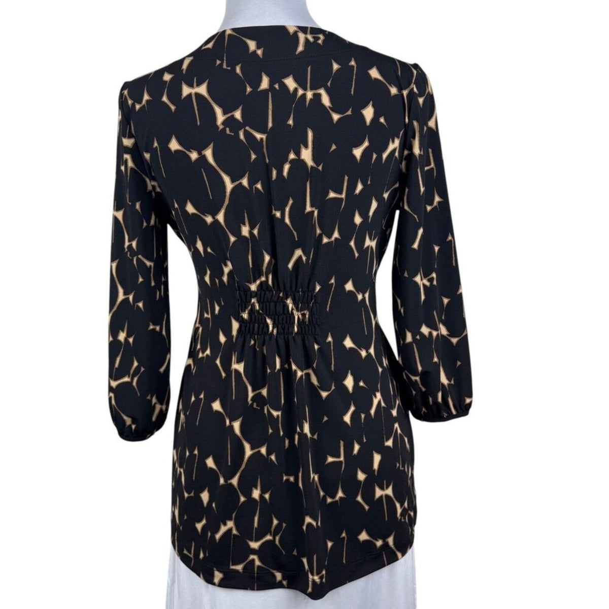 Alfani Faux Wrap Stretch Top S Black Tan Abstract Print Metal Link Ruched back