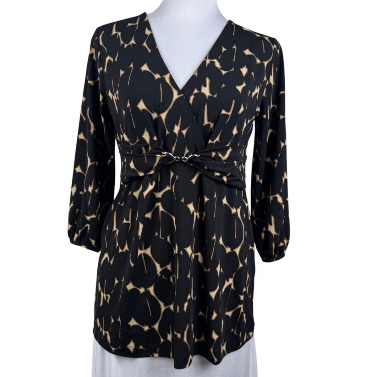 Alfani Faux Wrap Stretch Top S Black Tan Abstract Print Metal Link Ruched back