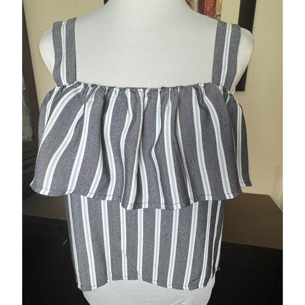 Express Crop Crop Top Sz XS Stripe Gray Blue White Flounce Back Zipper