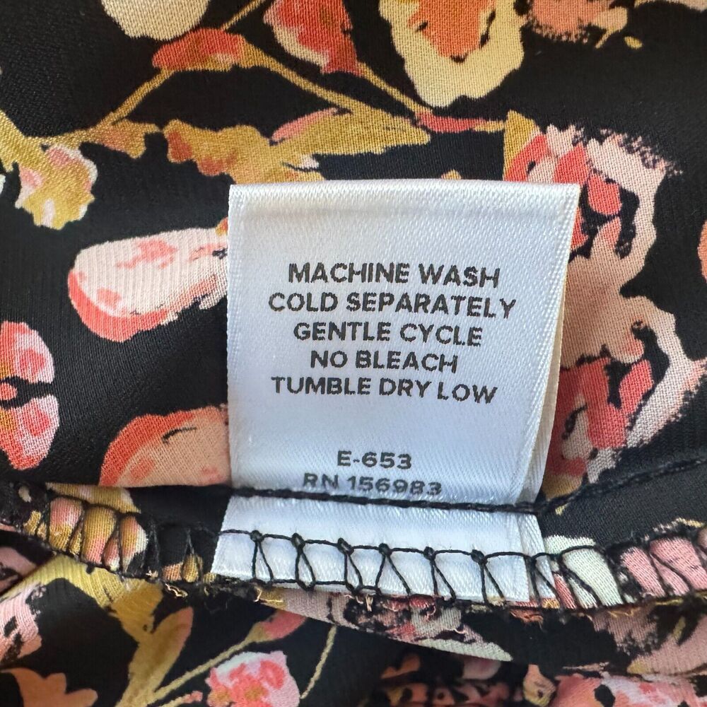 Roan Ryan Blouse Sz S Black Floral VNeck Sleeveless Elastic Waistline