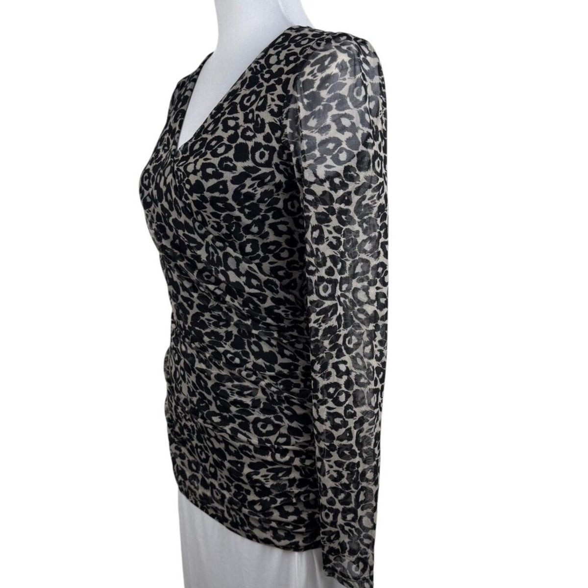 INC International Concepts Women M Top Ruched Mesh Animal Print Faux Wrap Neck