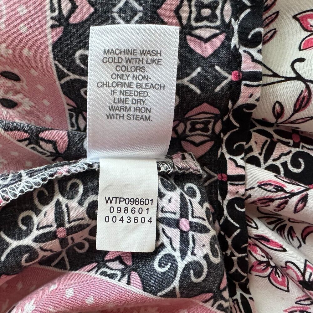 J. Jill Women Sz M Tunic White Floral Print Border Split Neck Long Sleeve