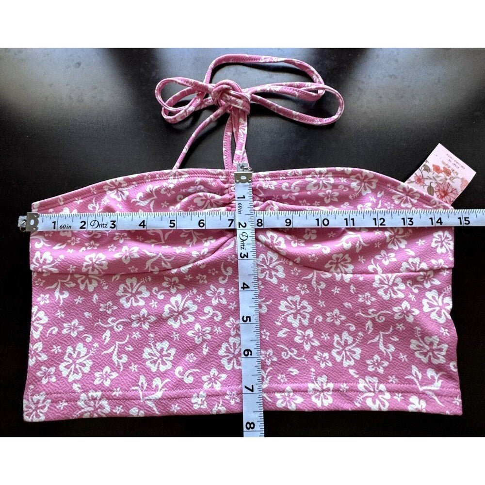 Shein Pink with White flowers Tie Crop Top Halter Size Medium (6)