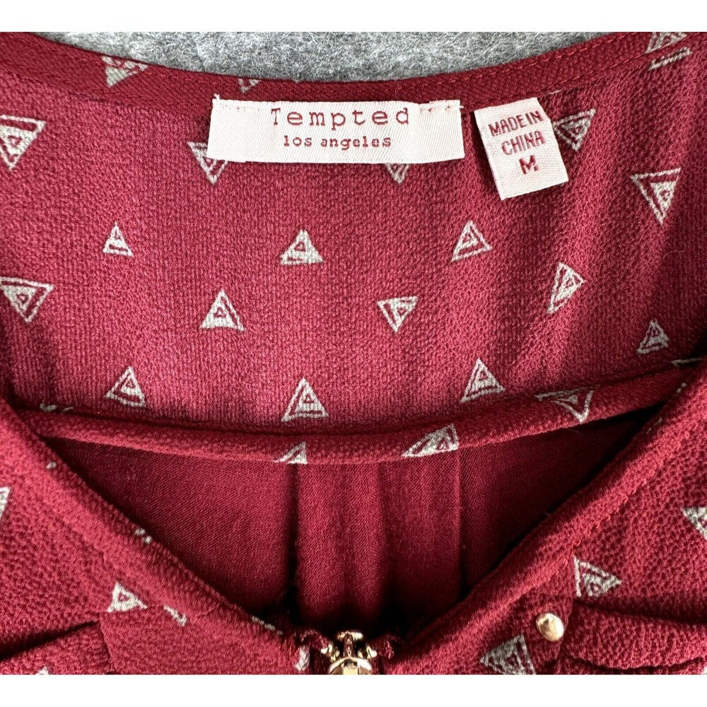 Tempted Los Angeles Women Blouse Burgundy with Gray Triangles V-Neck Zipper Sz M