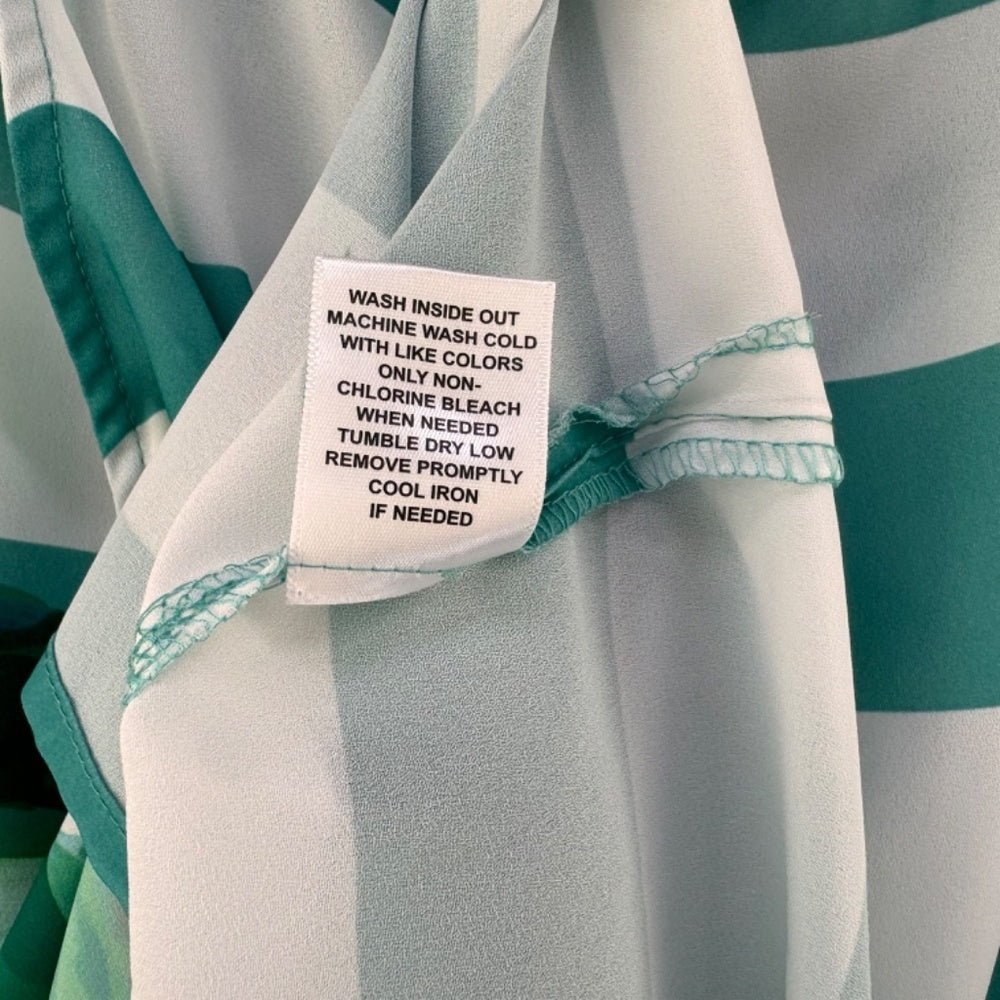 ELLE Tank Top Sz L Green White Stripes Front Floral Print Ladder Stitch neckline