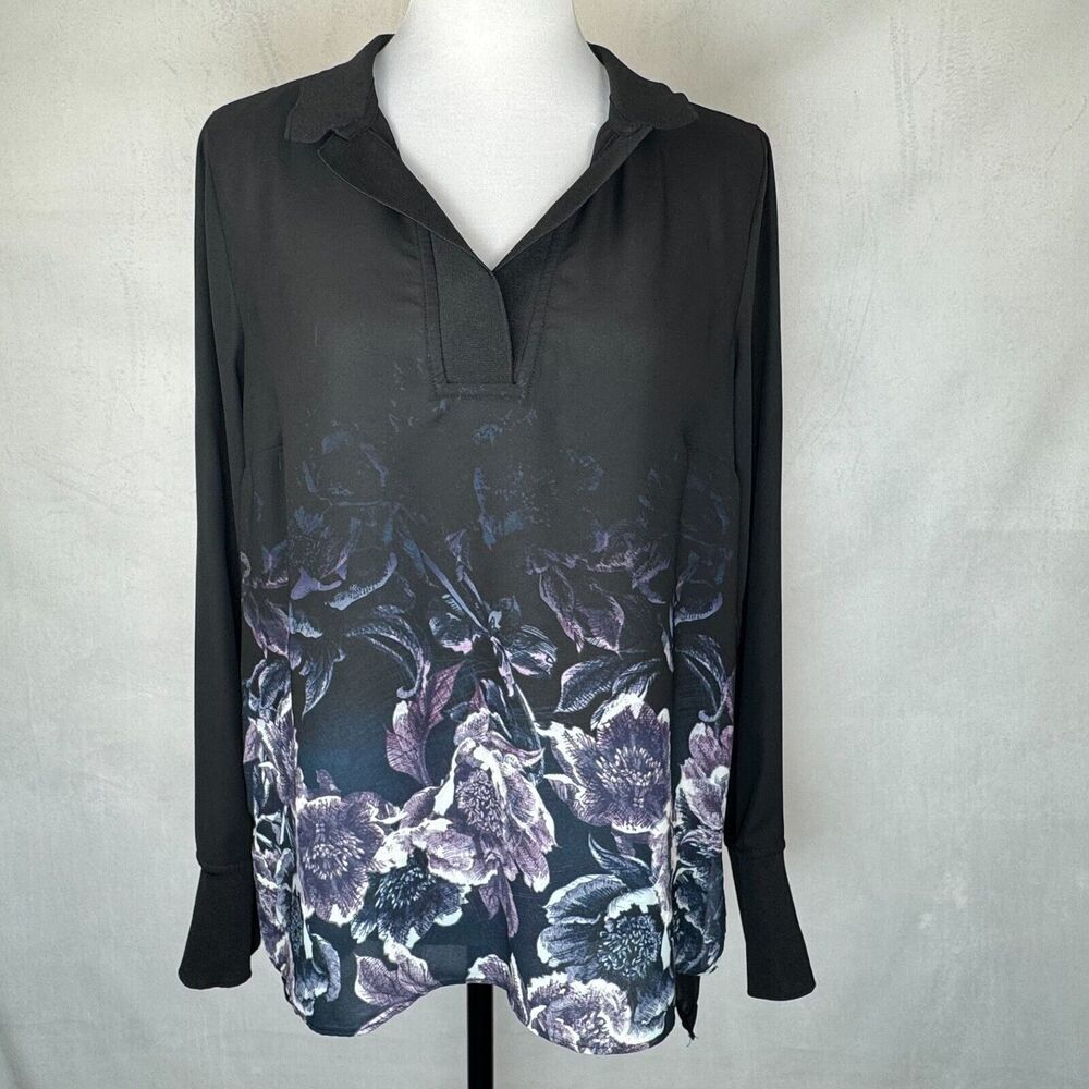 Simply Vera Vera Wang Women Sz M Sheer Black Tunic Floral Print Semi Open Back