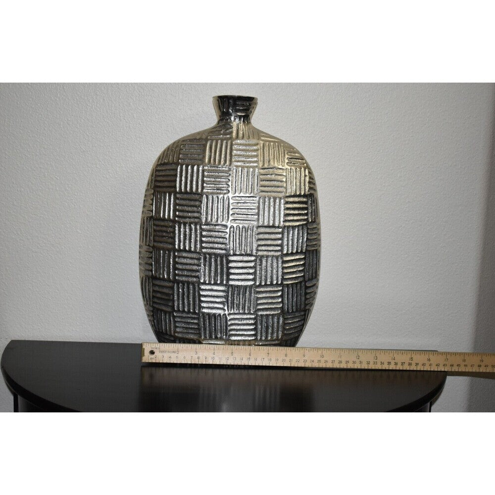 Geometric Textured Oval Metal Vase Silver Gray 15" Modern Home Decor Made in India