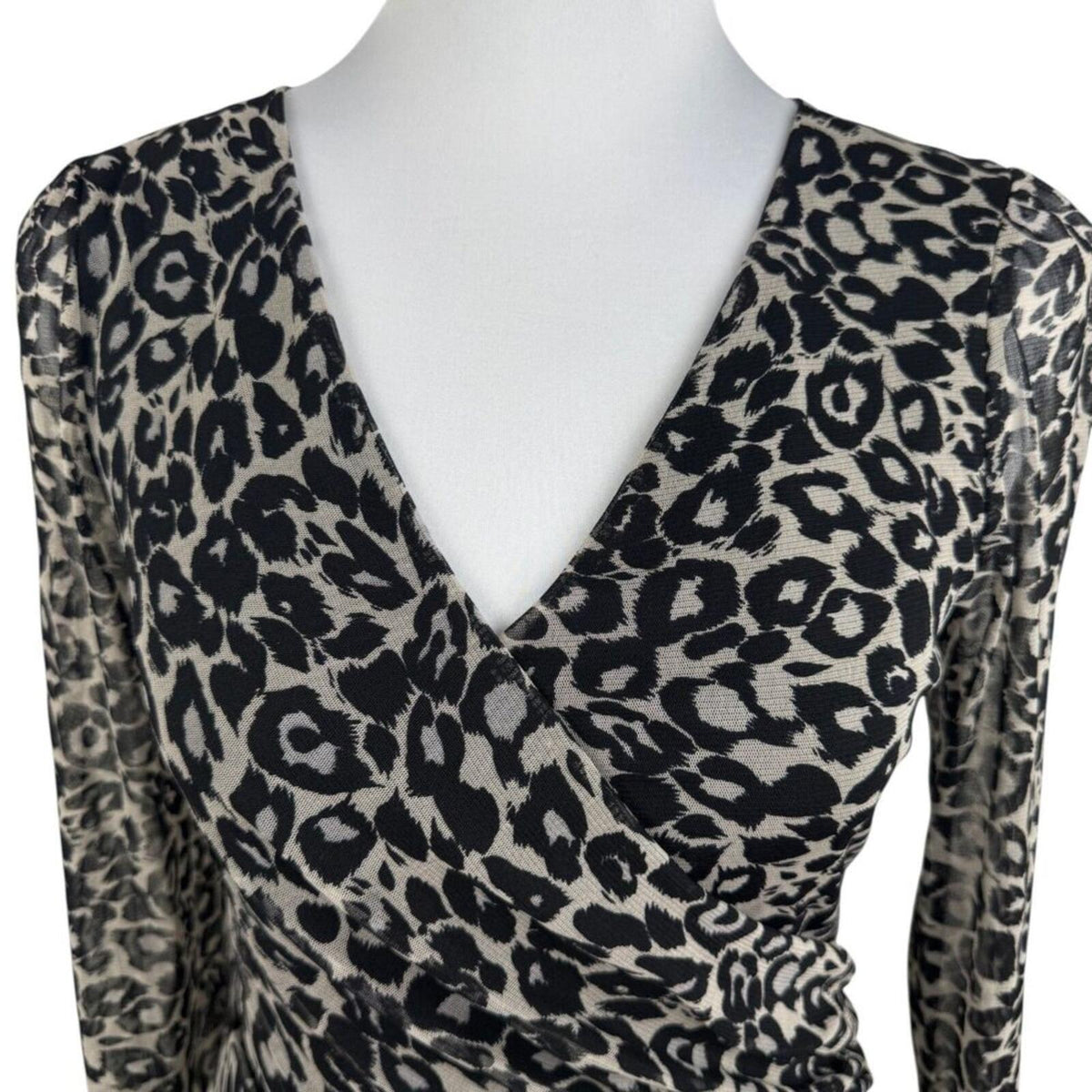 INC International Concepts Women M Top Ruched Mesh Animal Print Faux Wrap Neck
