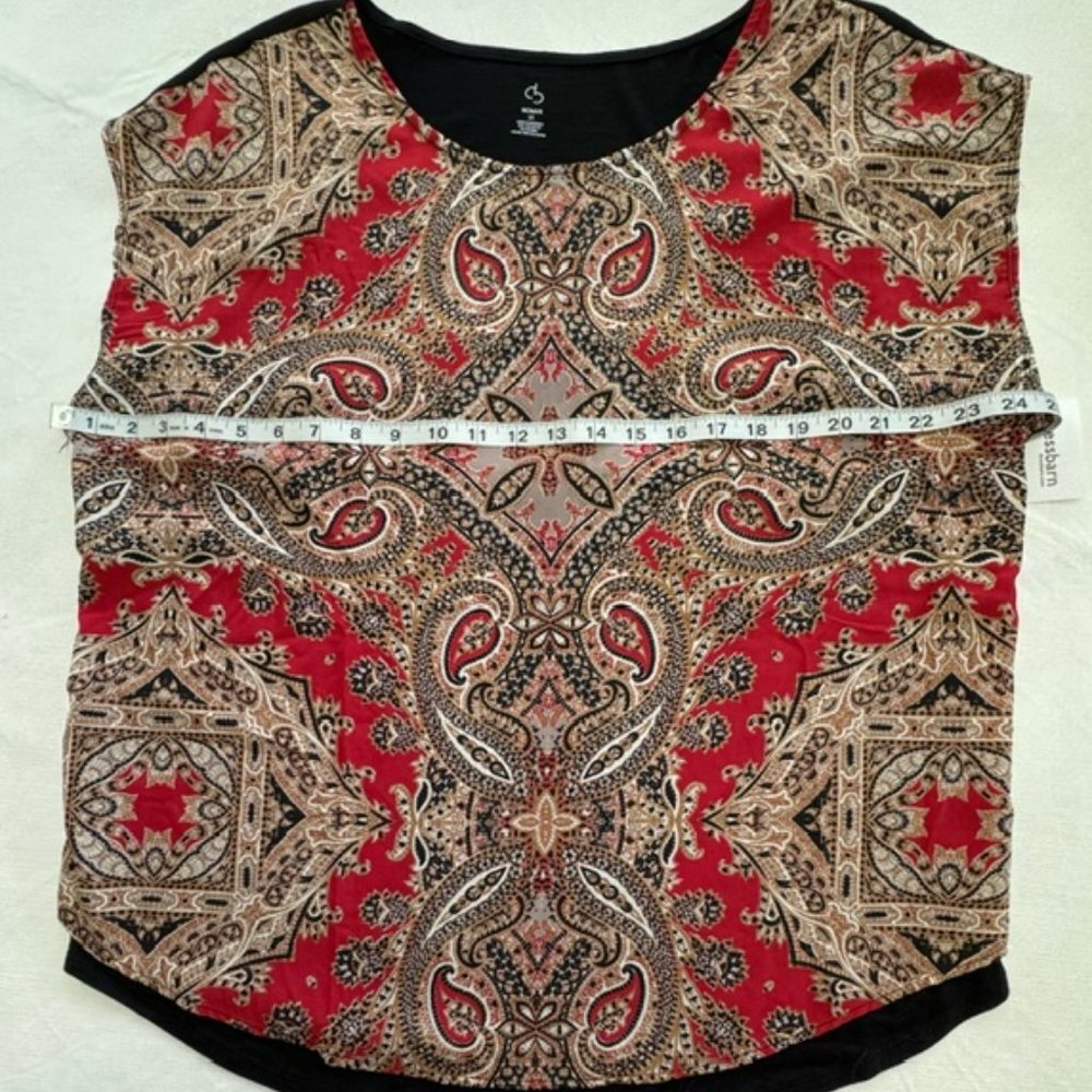 Dressbarn Women Top Sz 1X Black Back Front Red Beige Paisley Print NWT