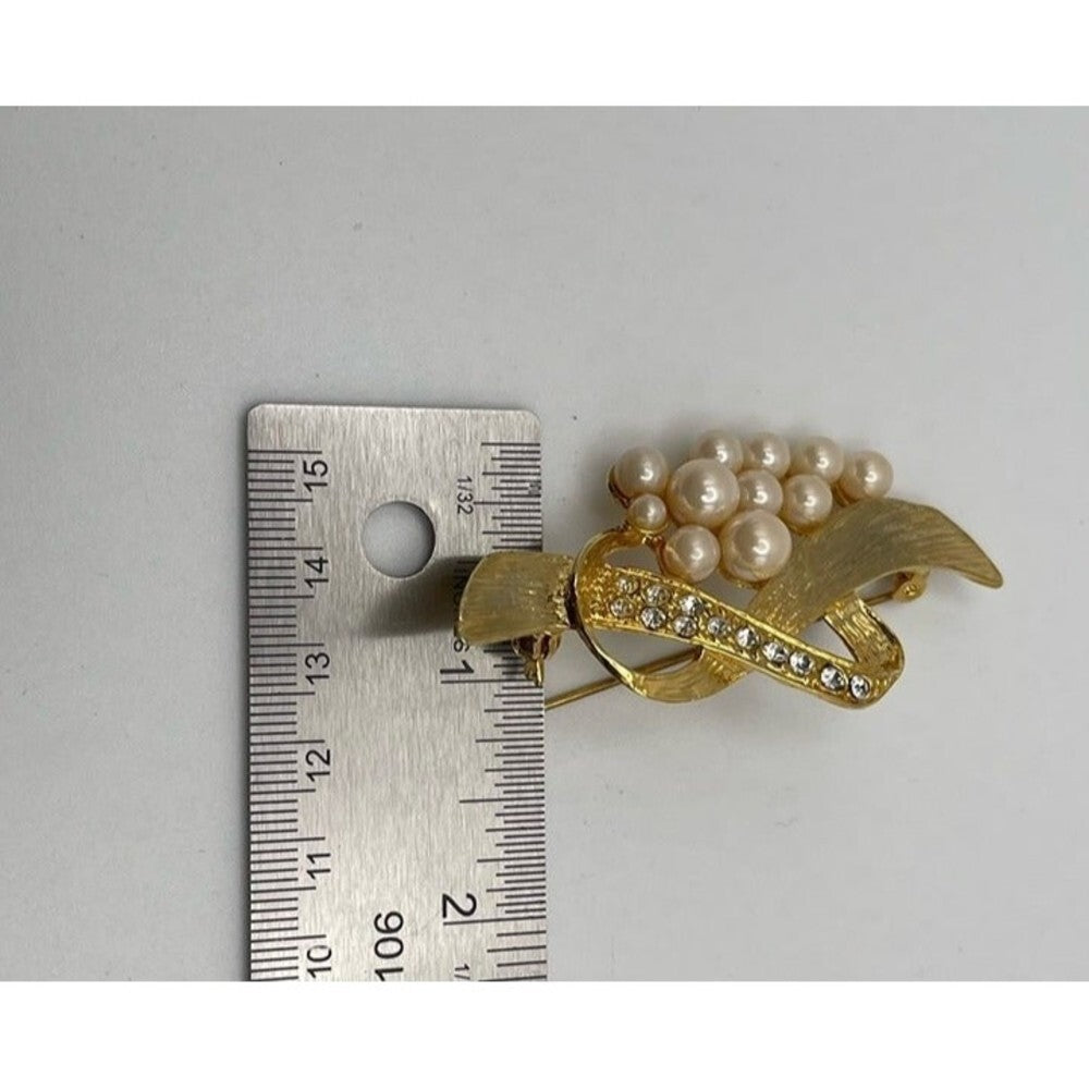 Vintage Gold Tone Faux Pearl Rhinestone Leaf Brooch Floral Spray PinBrooch Gold Pearl and Rhinestone Vintage