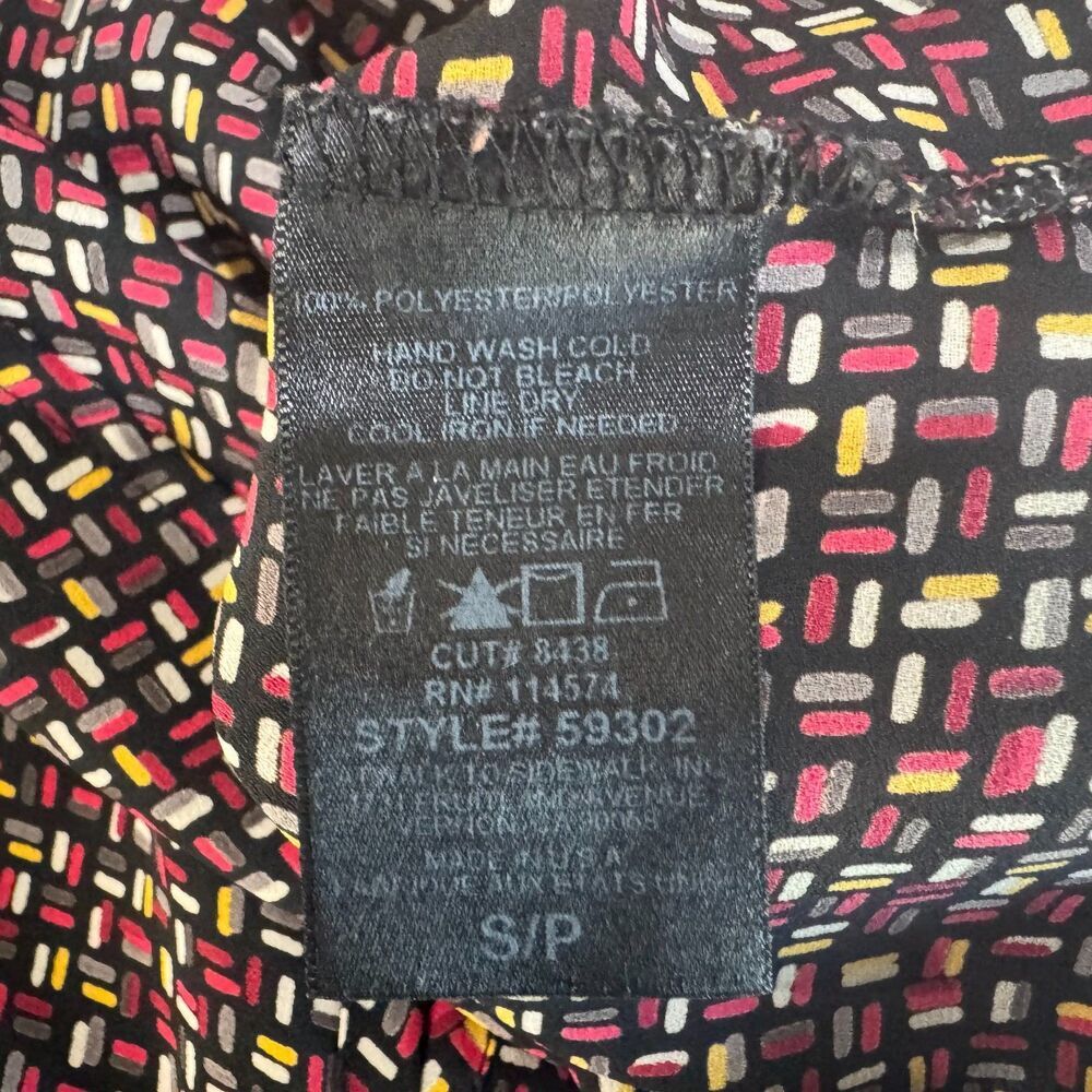 Pleione Women Sz S Black Multicolor Print High-Low Split-Neck Cuffed Cap Sleeve
