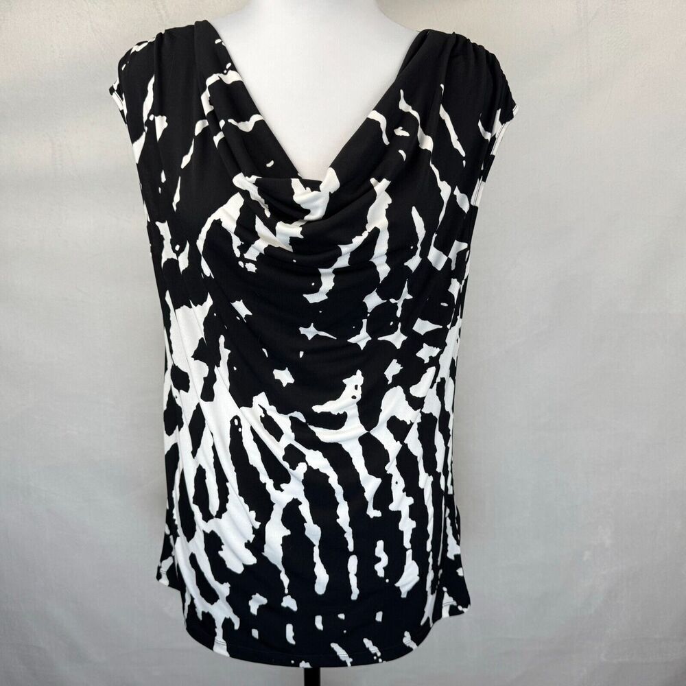 Calvin Klein Women Sz M Black White Print Cowl Neck Drape Cap Sleeve Designer