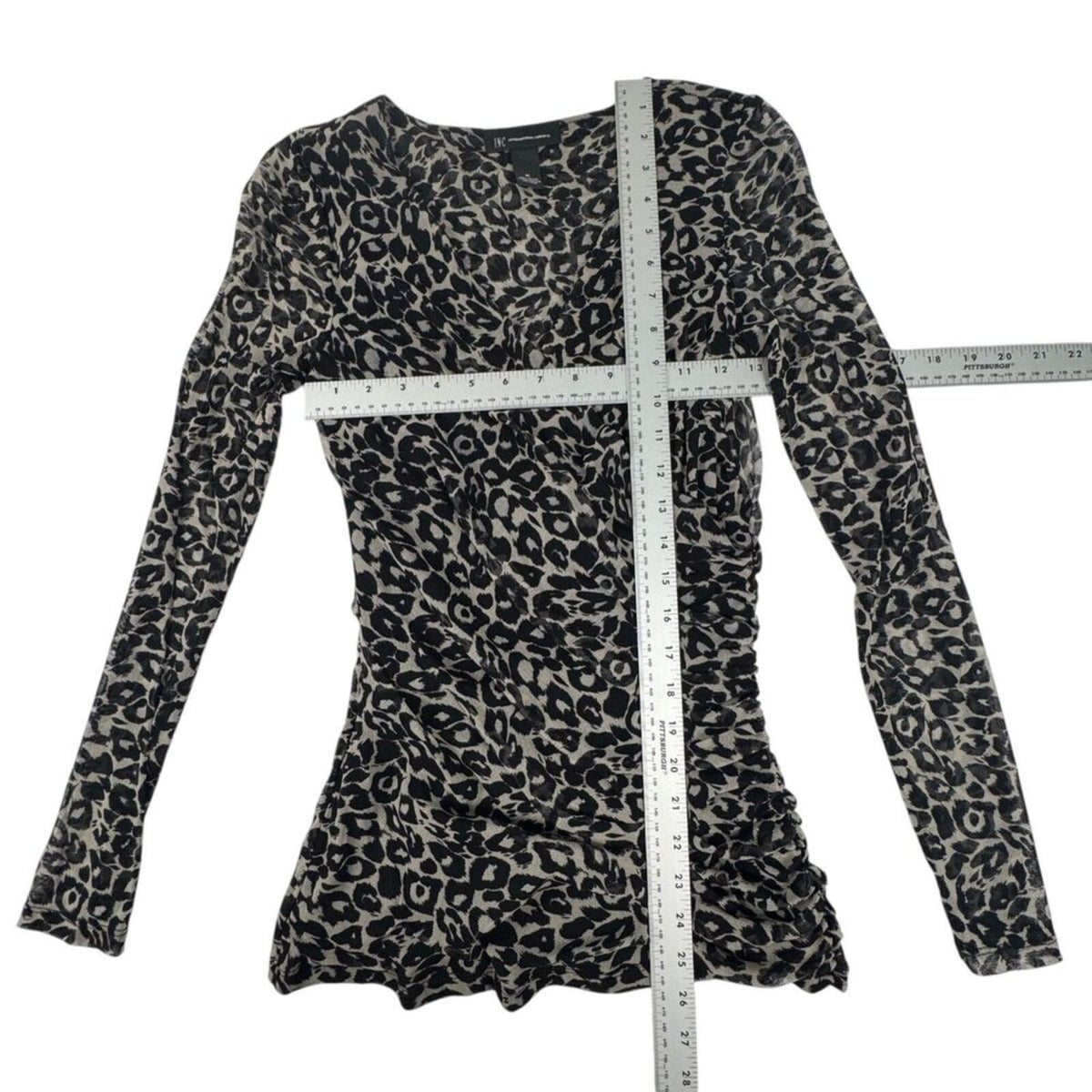 INC International Concepts Women M Top Ruched Mesh Animal Print Faux Wrap Neck
