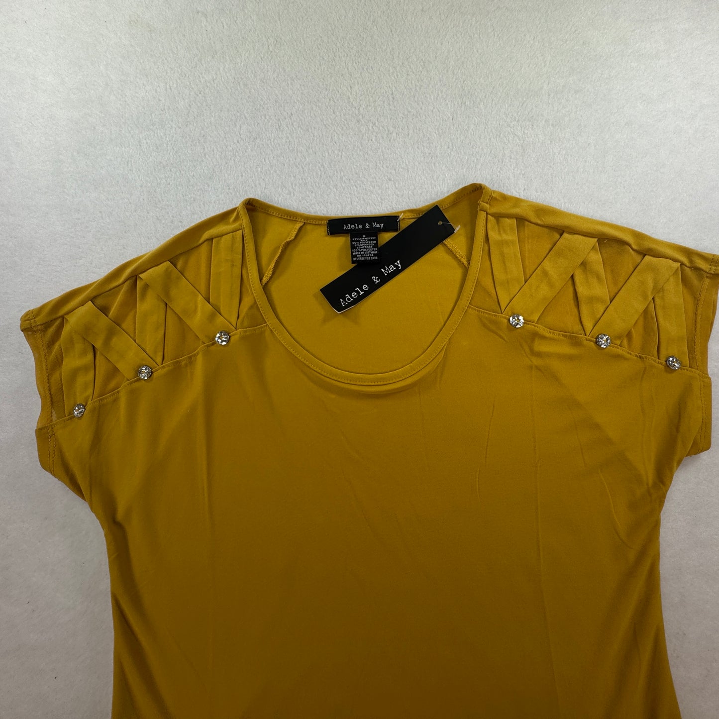 Adele & May Women’s Small Mustard Yellow Rhinestone Cutout Sleeve Top NWT