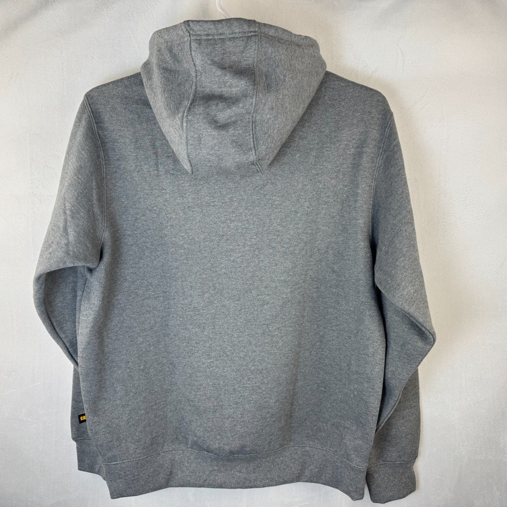 Back view of CAT gray hoodie on a white background size m