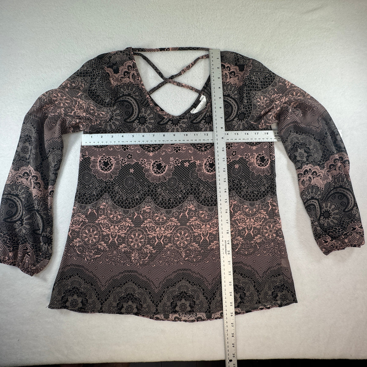 Charming Charlie Paisley Crisscross Back Long Sleeve Blouse Pink Black S