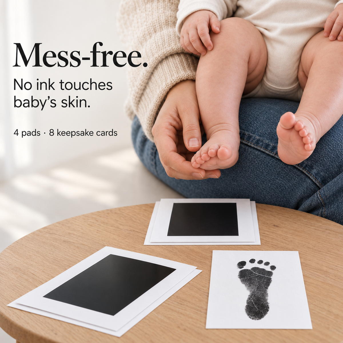 Little Treasures mess-free baby handprint and footprint keepsake kit with ink pads, white keepsake cards, and baby footprint sample.
