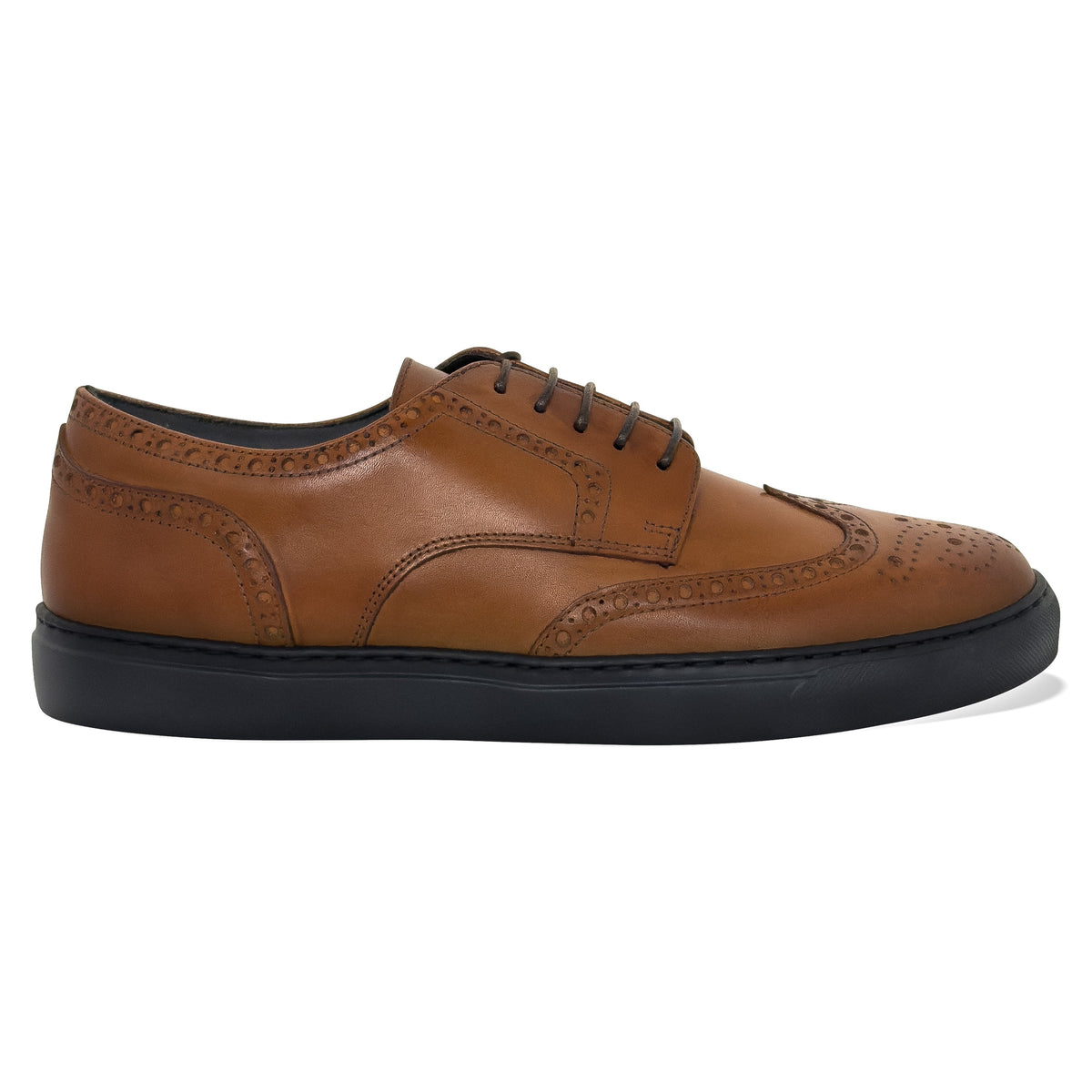 Side view of MOCALMO Don Giovanni men's cognac brown leather wingtip sneakers with brogue detailing, brown laces and black lightweight soles.
