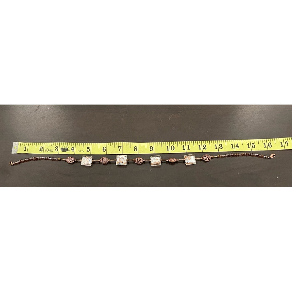 Length view handmade necklace with brown beads and square beige lampwork one size