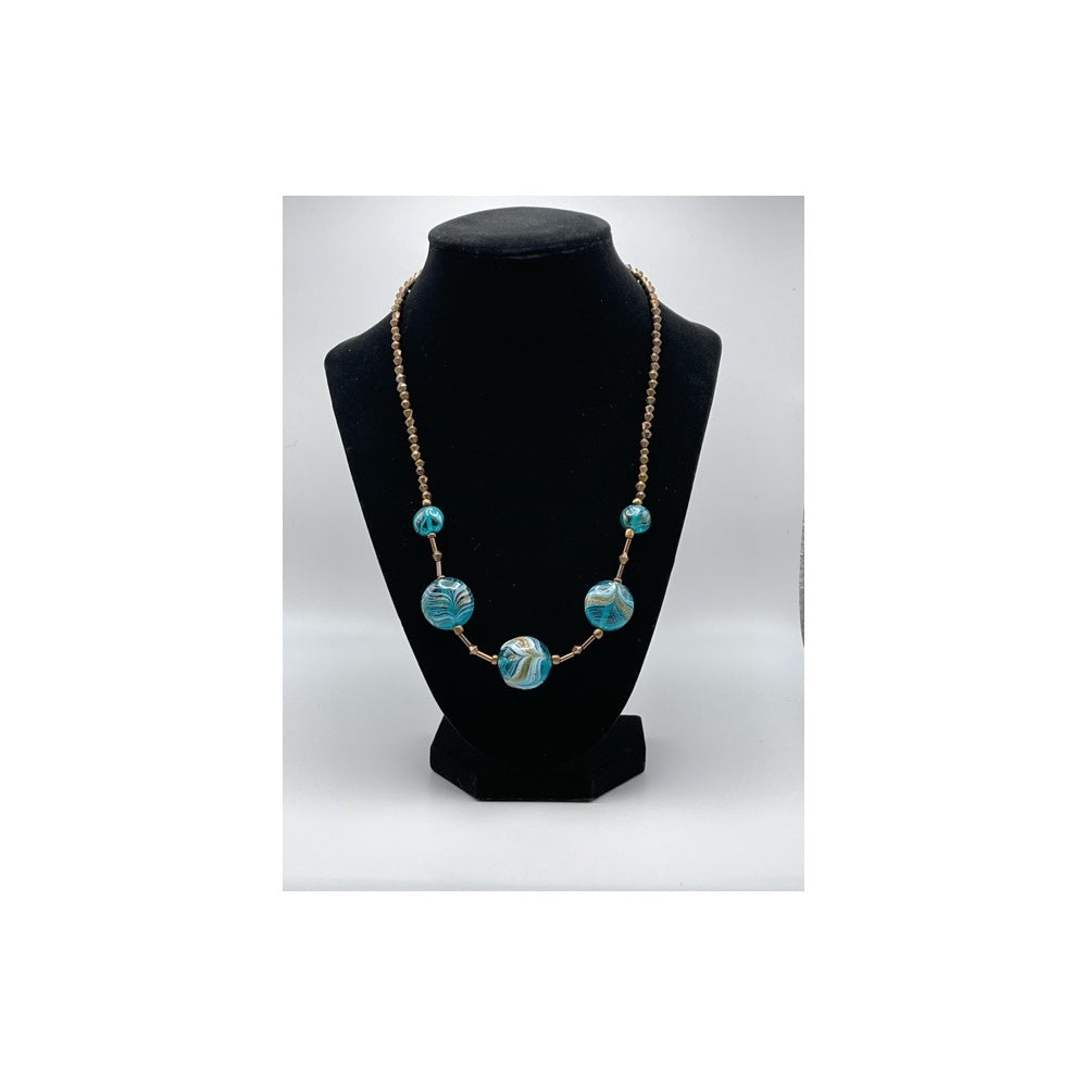 Main view of handmade necklace on turquoise beads and gold paint one size