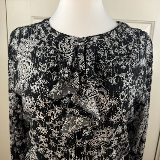 LOFT Women's Black White Floral Ruffle Blouse Metallic Thread Size XL