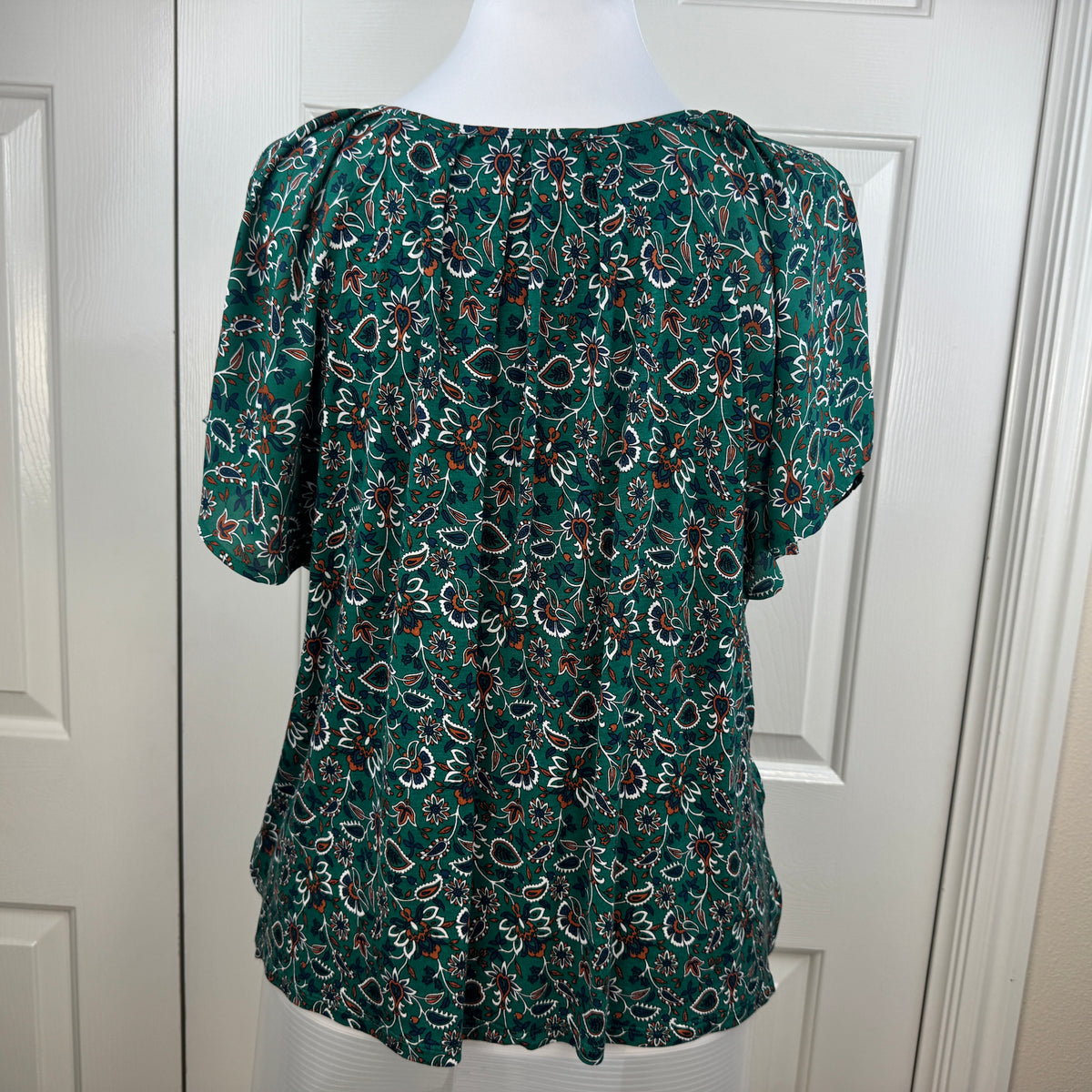 LOFT Women's Green Floral Paisley Split Neck Short Sleeve Blouse Size XL