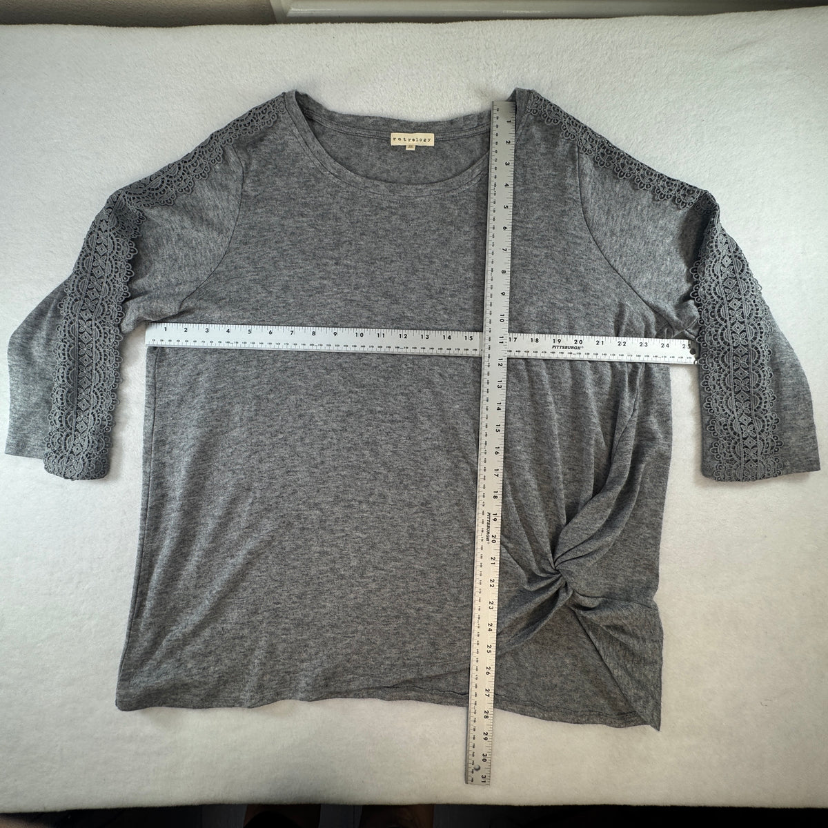 Retrology Women's Lace Sleeve Side Twist Knit Top Gray Plus Size 2X