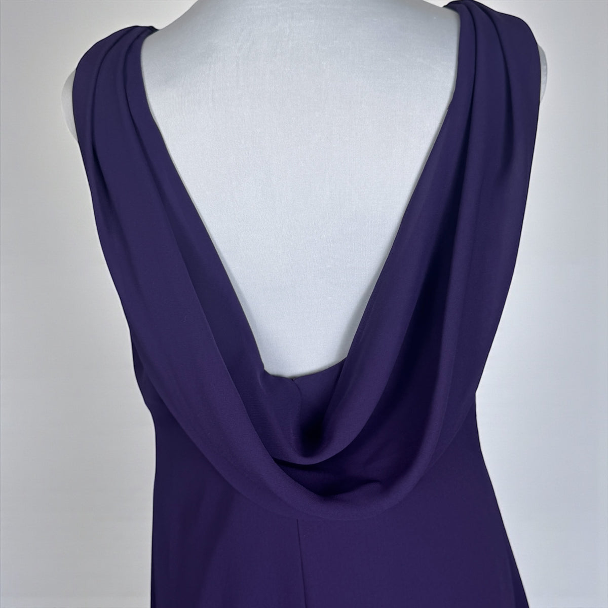 Rhapsody purple formal gown cowl back detail