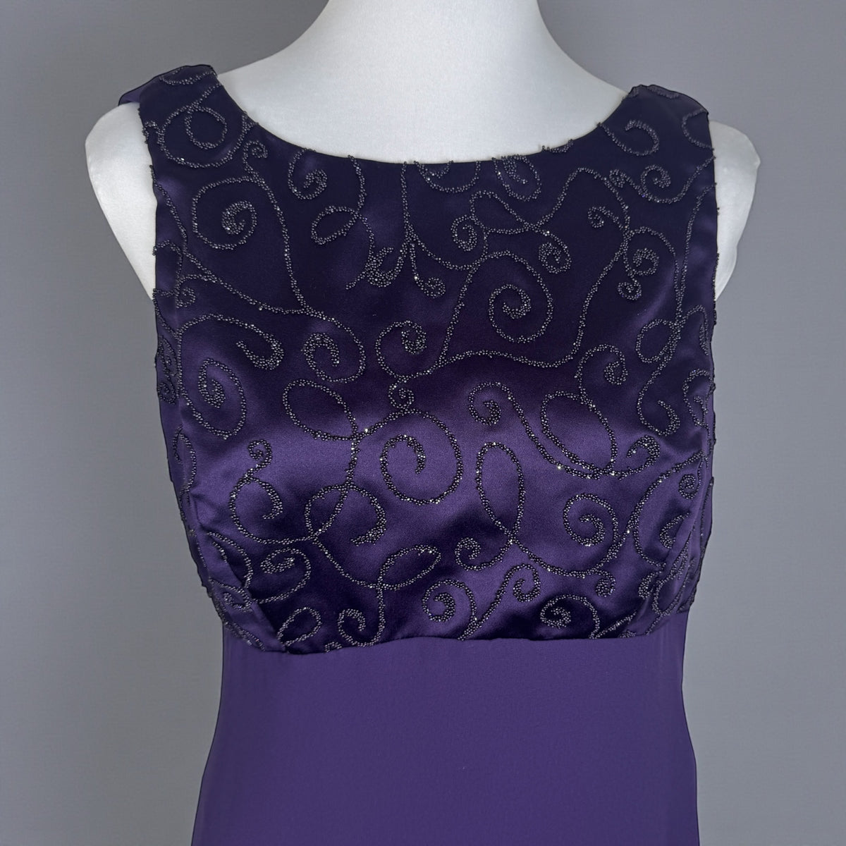 Rhapsody purple formal gown beaded bodice detail