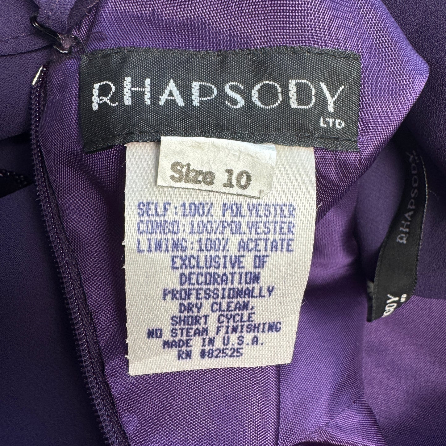 Rhapsody purple formal gown label size material