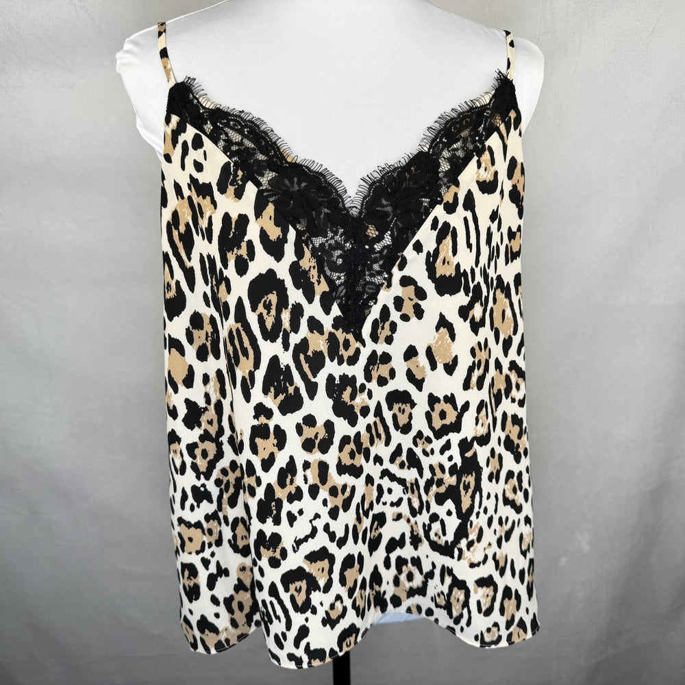 Front view of Socialite leopard print camisole with black lace trim on a mannequin against a gray background