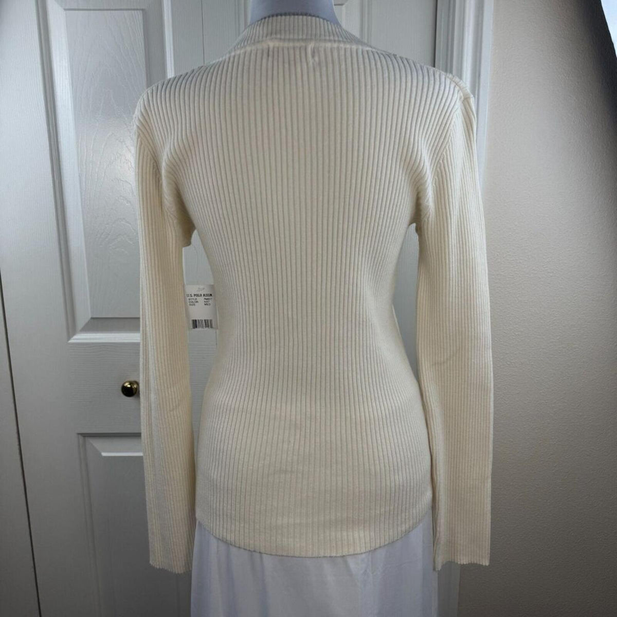 U.S. Polo Assn Women Medium Ribbed V Neck Sweater Cream Long Sleeve NWT