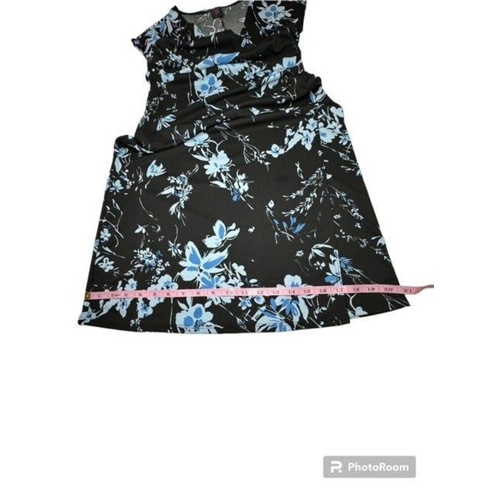 W Wrapper Black Blue Floral Faux Wrap Dress V-Neck Ruched Open Wrap Skirt