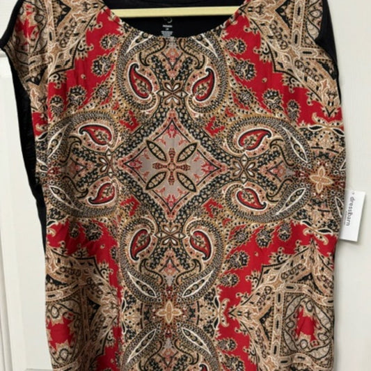 Dressbarn Women Top Sz 1X Black Back Front Red Beige Paisley Print NWT