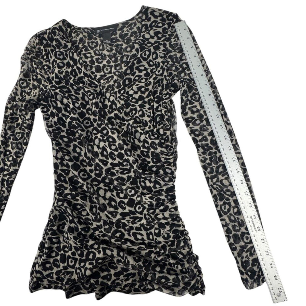 INC International Concepts Women M Top Ruched Mesh Animal Print Faux Wrap Neck