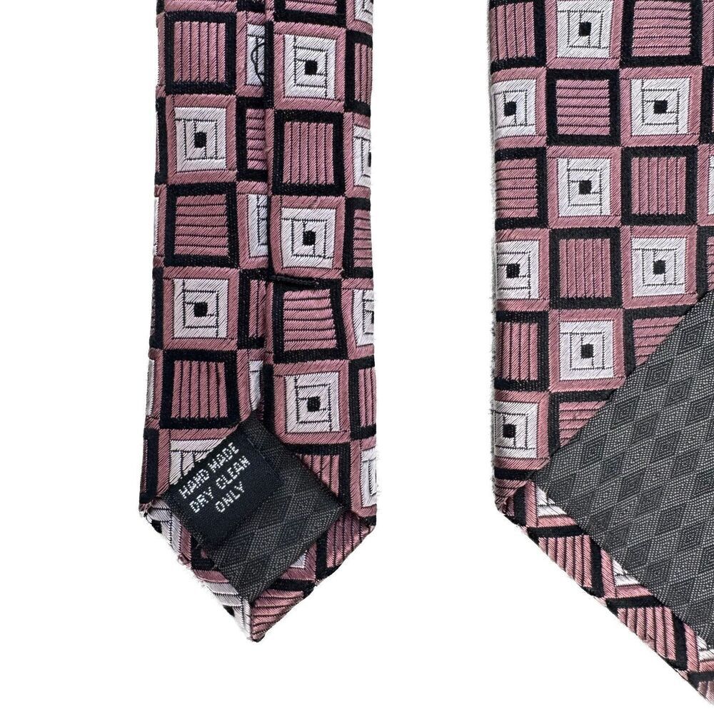Bocara Silk Hand Made Tie 100% Silk Red Gray Pink Geometric Pattern