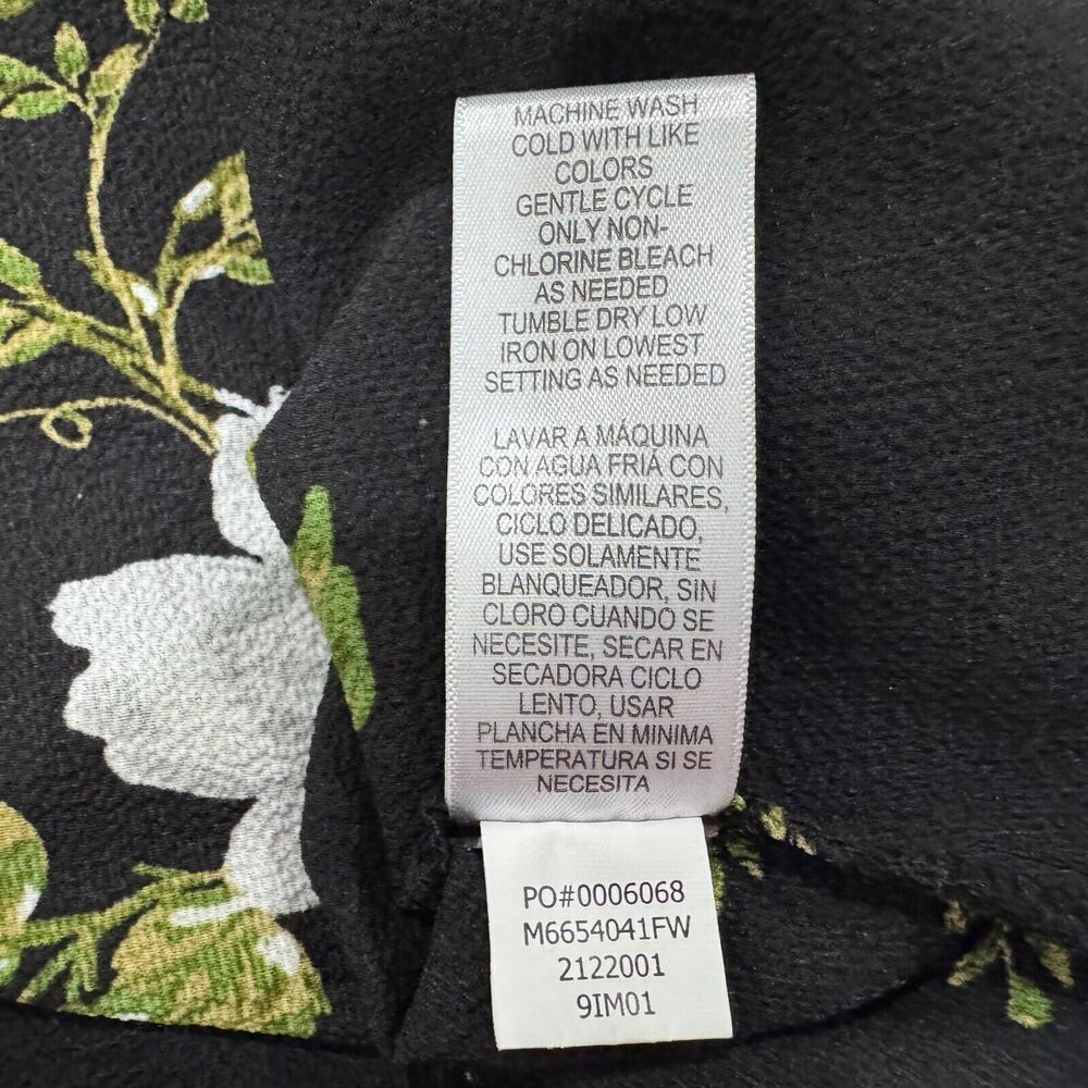 Fever Blouse Sz S Black Green White Floral Print VNeck Ladder Trim 3/4 Sleeves