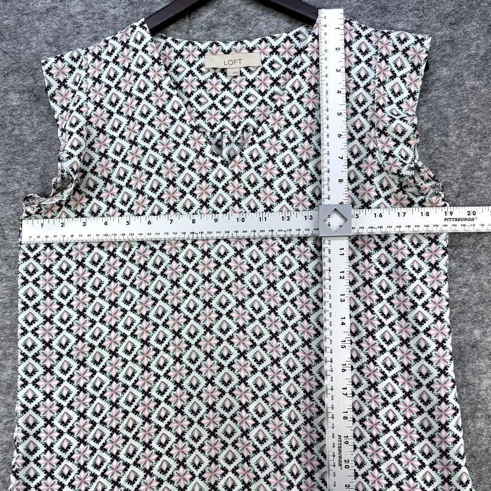 Loft Top White with Black, Pink Green Print. Sleeveless V Neck Size Small