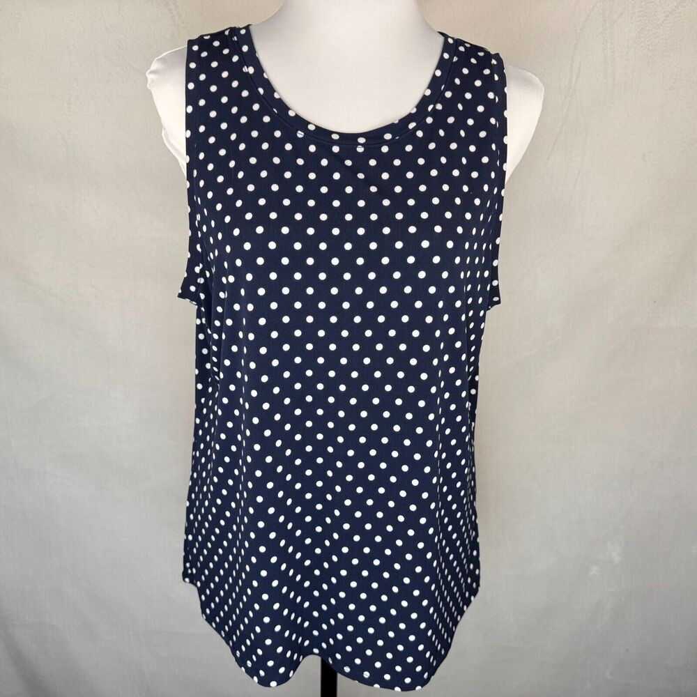 Chaus New York Sz L Top Navy Polka Dots Scoop Neckline Sleeveless Back Slits