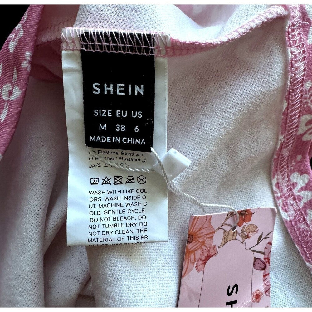 Shein Pink with White flowers Tie Crop Top Halter Size Medium (6)