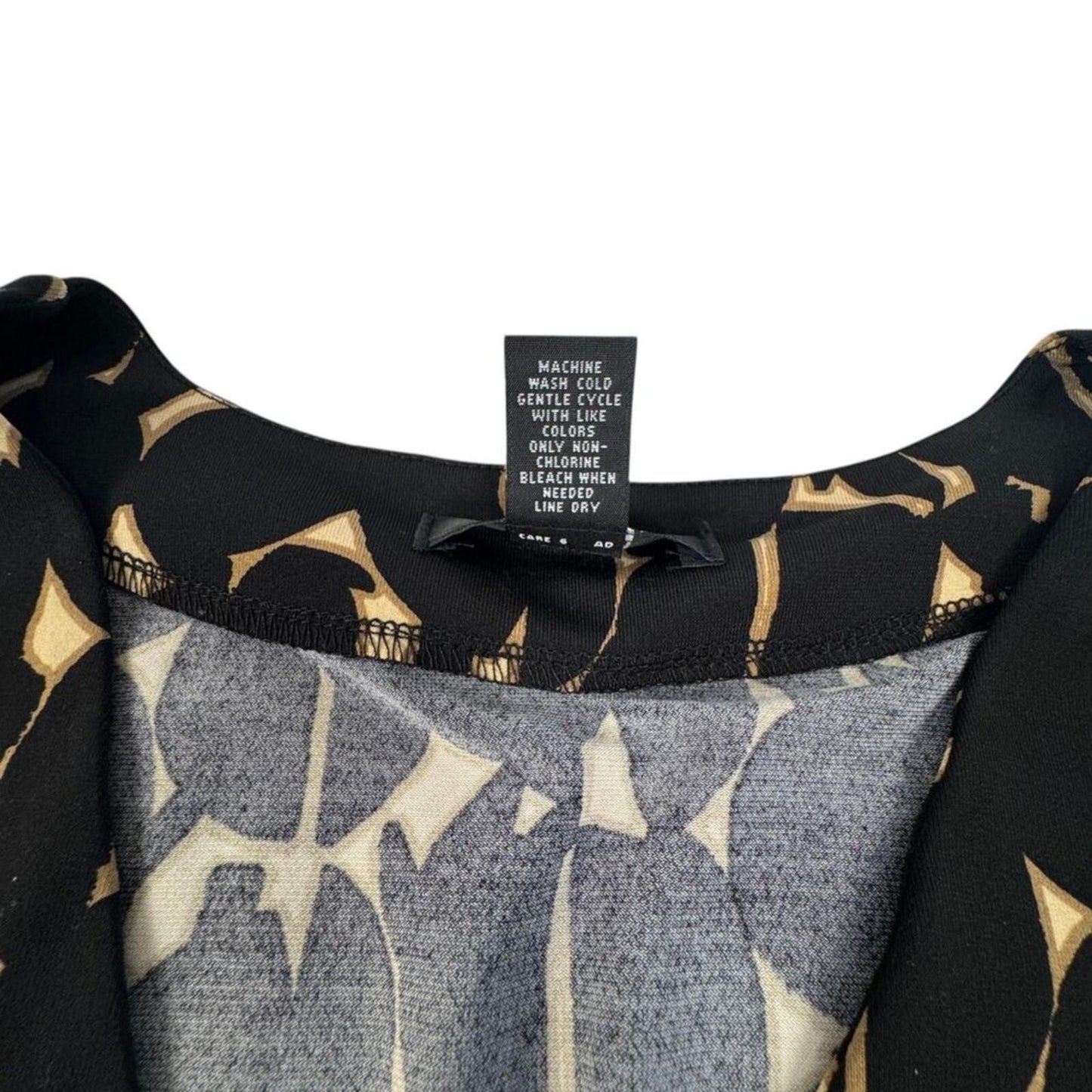 Alfani Faux Wrap Stretch Top S Black Tan Abstract Print Metal Link Ruched back