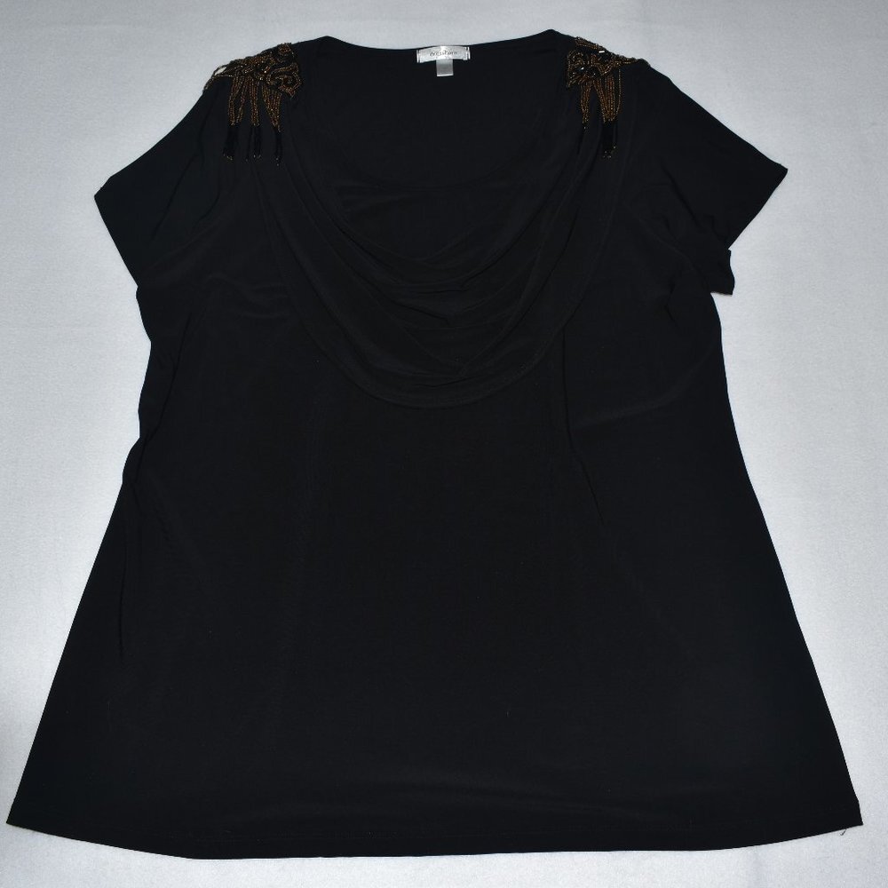 A black short-sleeve top with a draped neckline and brown beaded bow details on the shoulders, laid flat on a light gray background.