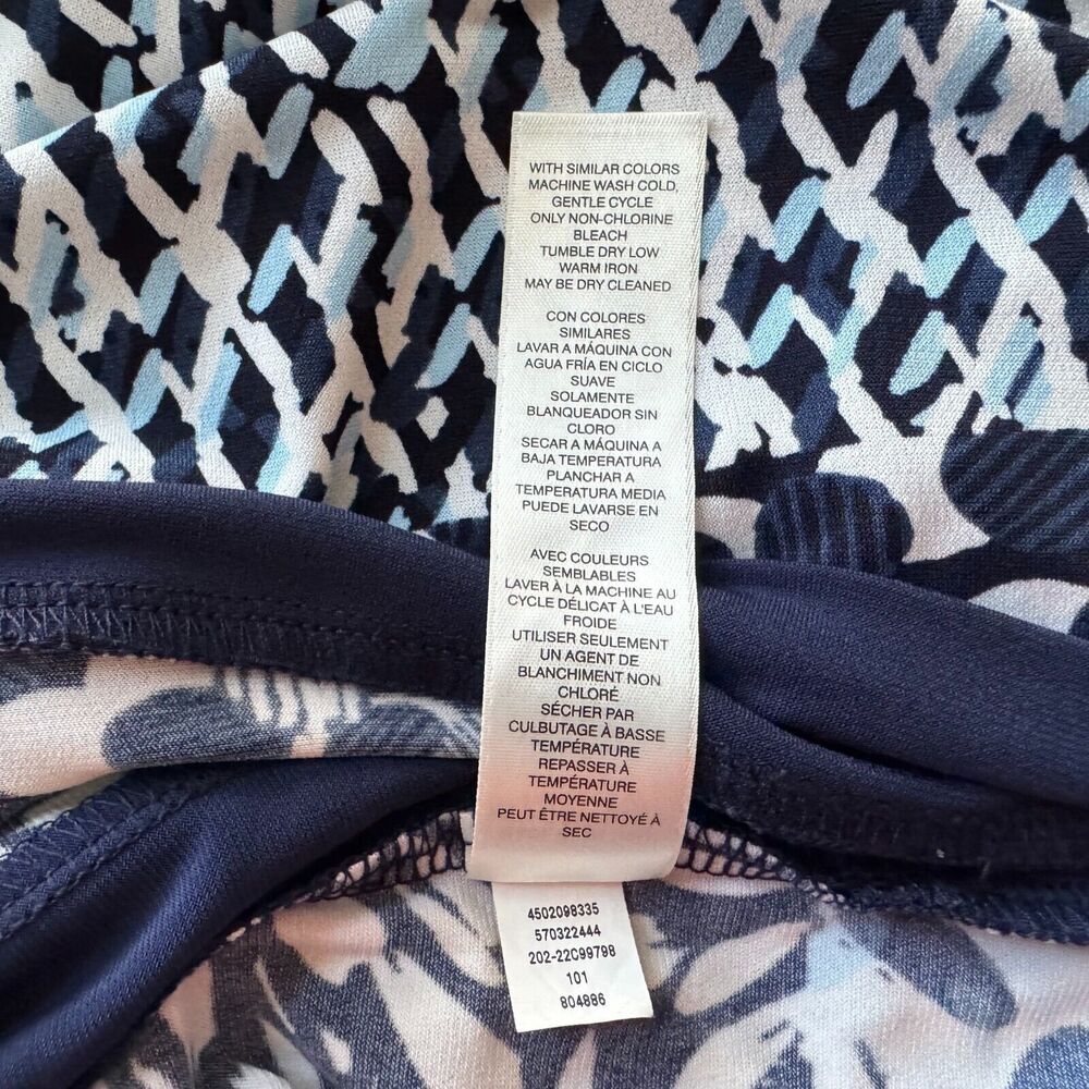 Chico's Tunic Sz 1 Blue Round Neck Geometric Print 3/4 Length Sleeve Side Slits